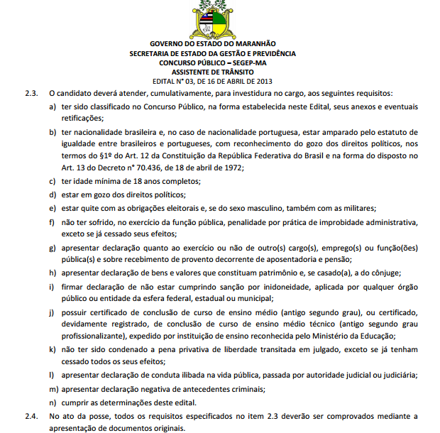 Documentação que deveria ser exigida para a posse no concurso segundo o edital  N° 03, de 16 de abril de 2013